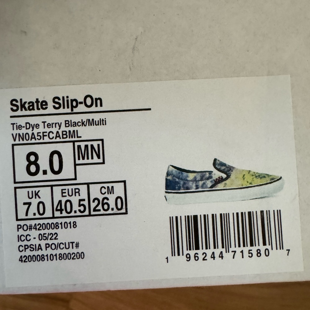 Vans new in box Tie-Dye Slip-On Sneakers, pop cush comfy sole, M 8/W 9.5 - Picture 5 of 6